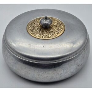 Vintage Aluminum Lidded Casserole Dish 8in‎ Brass Floral Medallion MCM Decor